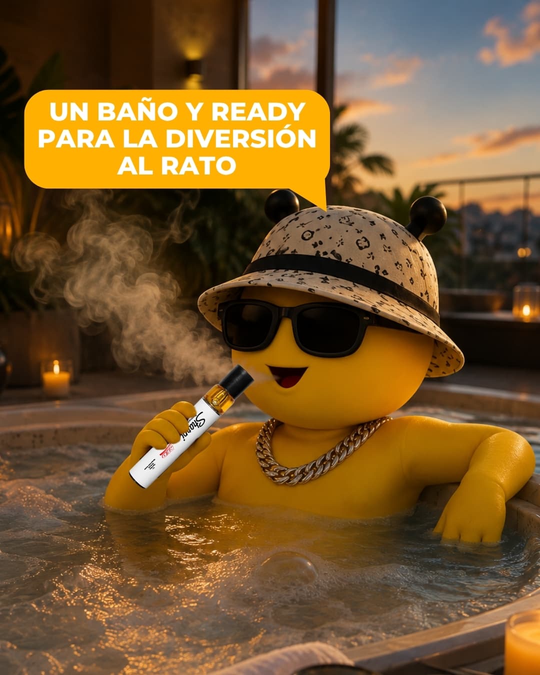 BeeHigh relajado en un jacuzzi al atardecer, rodeado de velas y con un Sharpi en la mano.