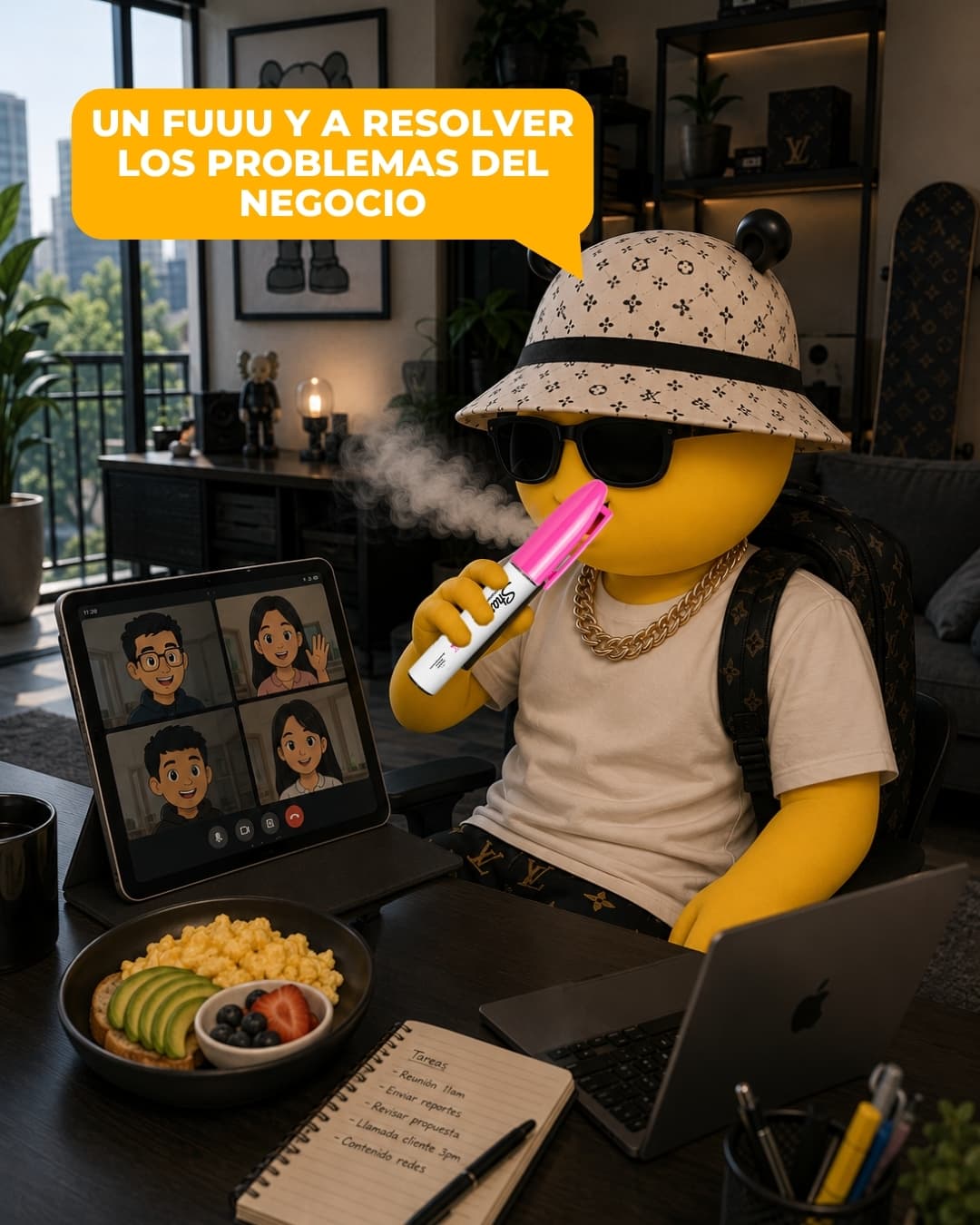 BeeHigh en home office durante una videollamada, exhalando vapor de un Sharpi rosa junto a su lista de tareas.