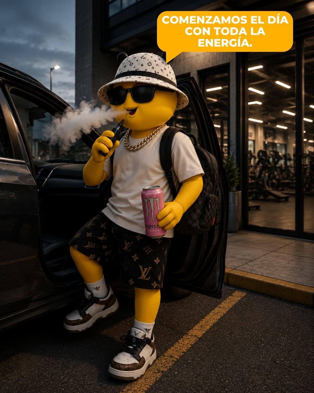 BeeHigh baja de la camioneta afuera del gimnasio con mochila y una bebida energética, exhalando vapor.