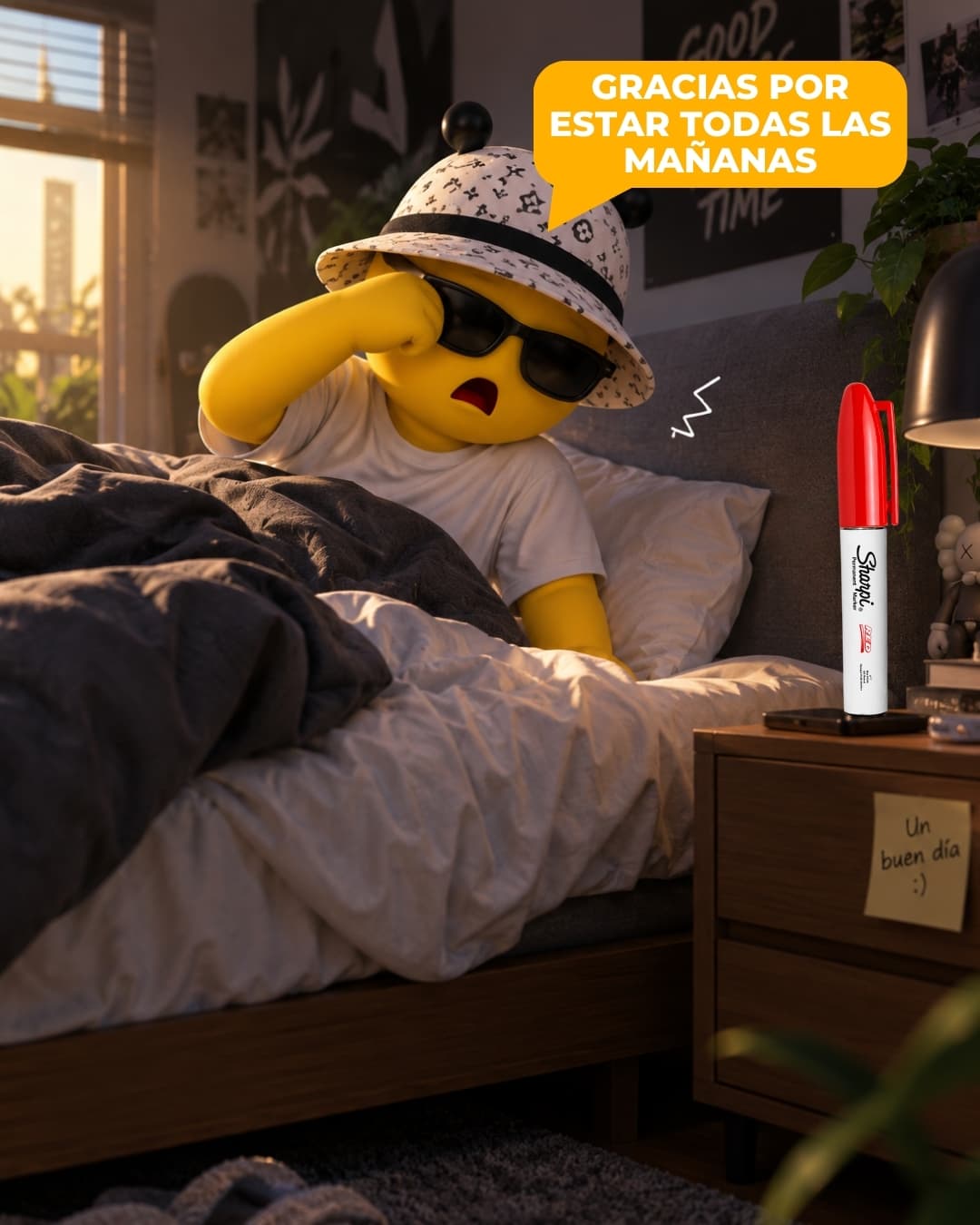 El personaje BeeHigh despierta en su cama al amanecer y se talla los ojos; en el buró hay un Sharpi rojo y una nota que dice «Un buen día».