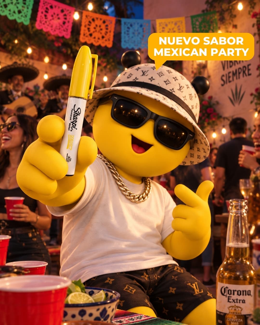 BeeHigh en una fiesta con papel picado y mariachi, presentando el Sharpi amarillo del nuevo sabor Mexican Party.
