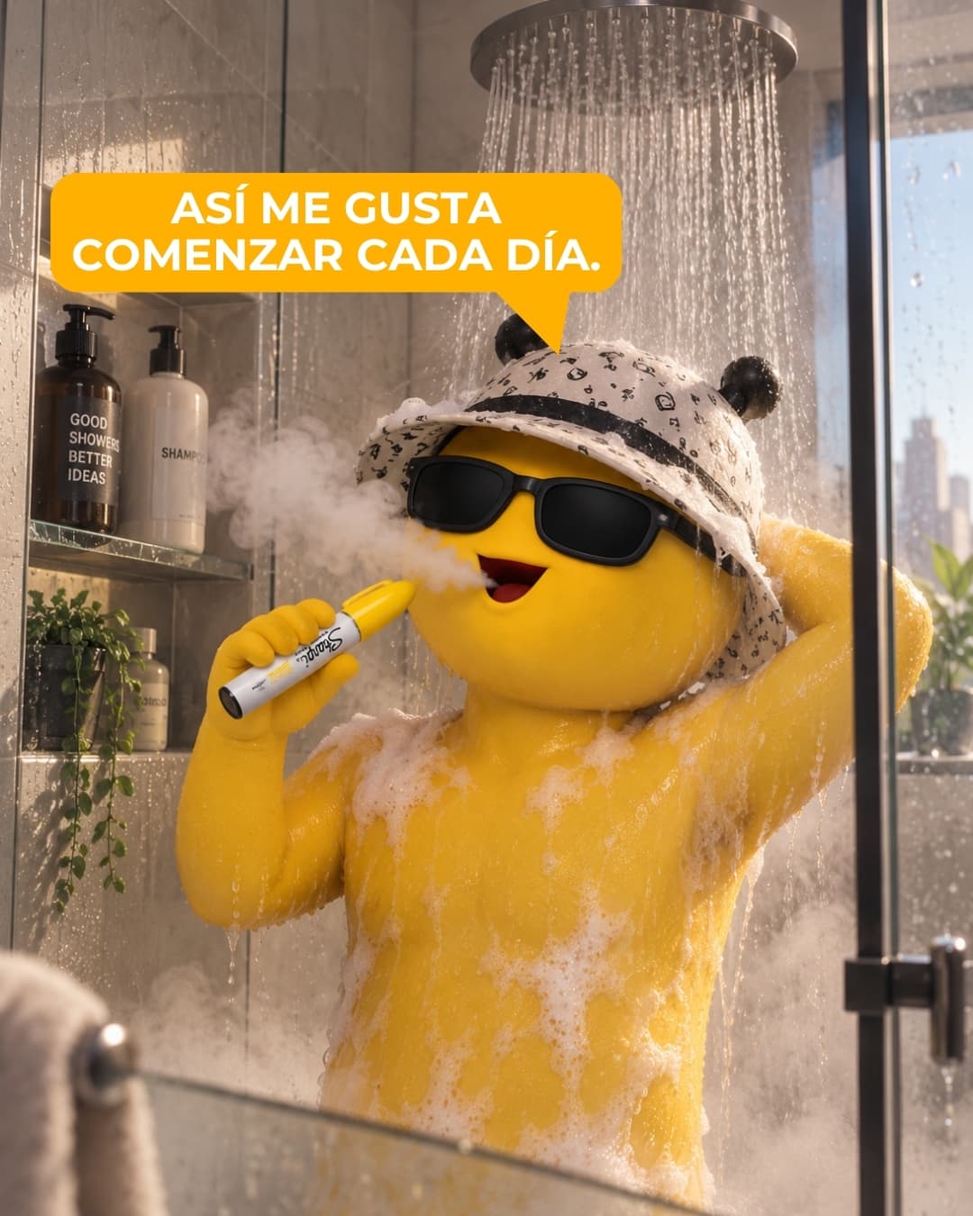 BeeHigh en la regadera entre espuma y vapor, dando una calada a un Sharpi amarillo.