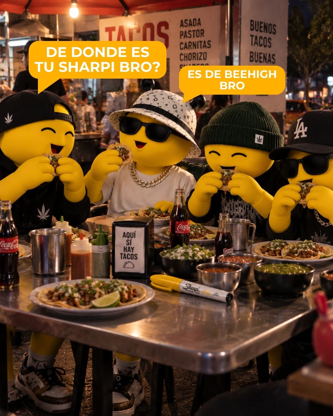 BeeHigh y sus amigos comen tacos en un puesto callejero de noche; uno le pregunta de dónde es su Sharpi y responde que de BeeHigh.