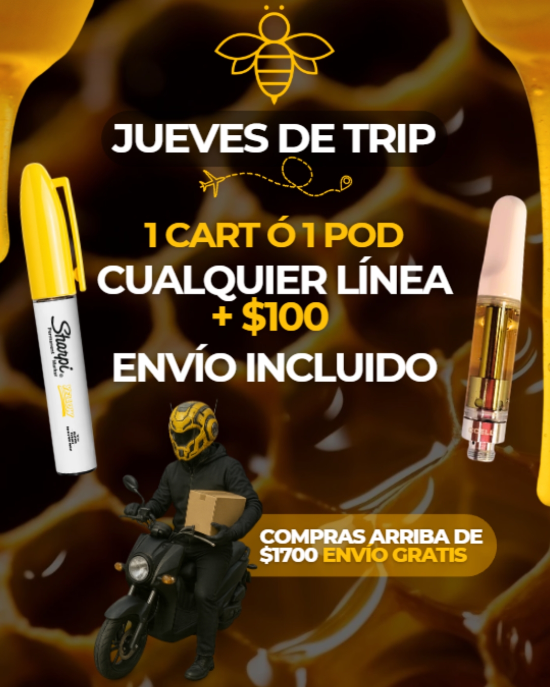 Jueves de Trip: 1 cart o 1 pod de cualquier línea + $100 con envío incluido. Envío gratis en compras arriba de $1,700.
